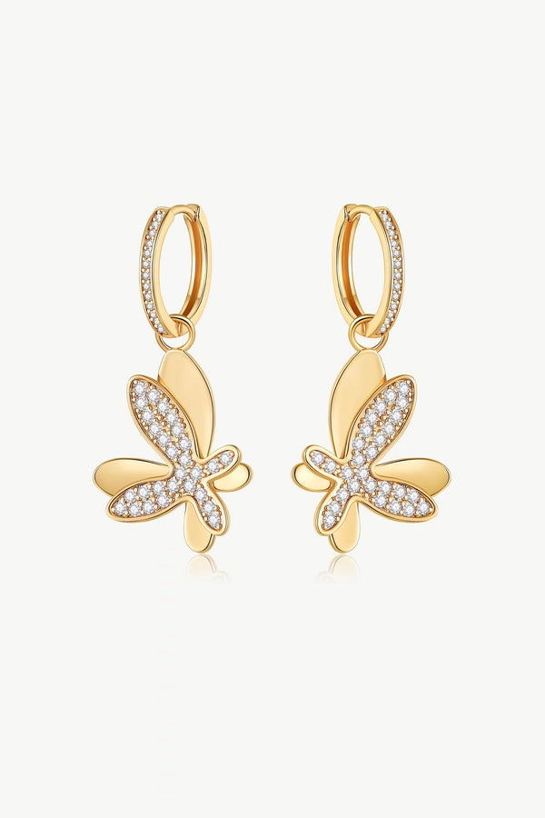 Gold Pavé Diamond Butterfly Dangle Drop Hoop Earrings - Classicharms