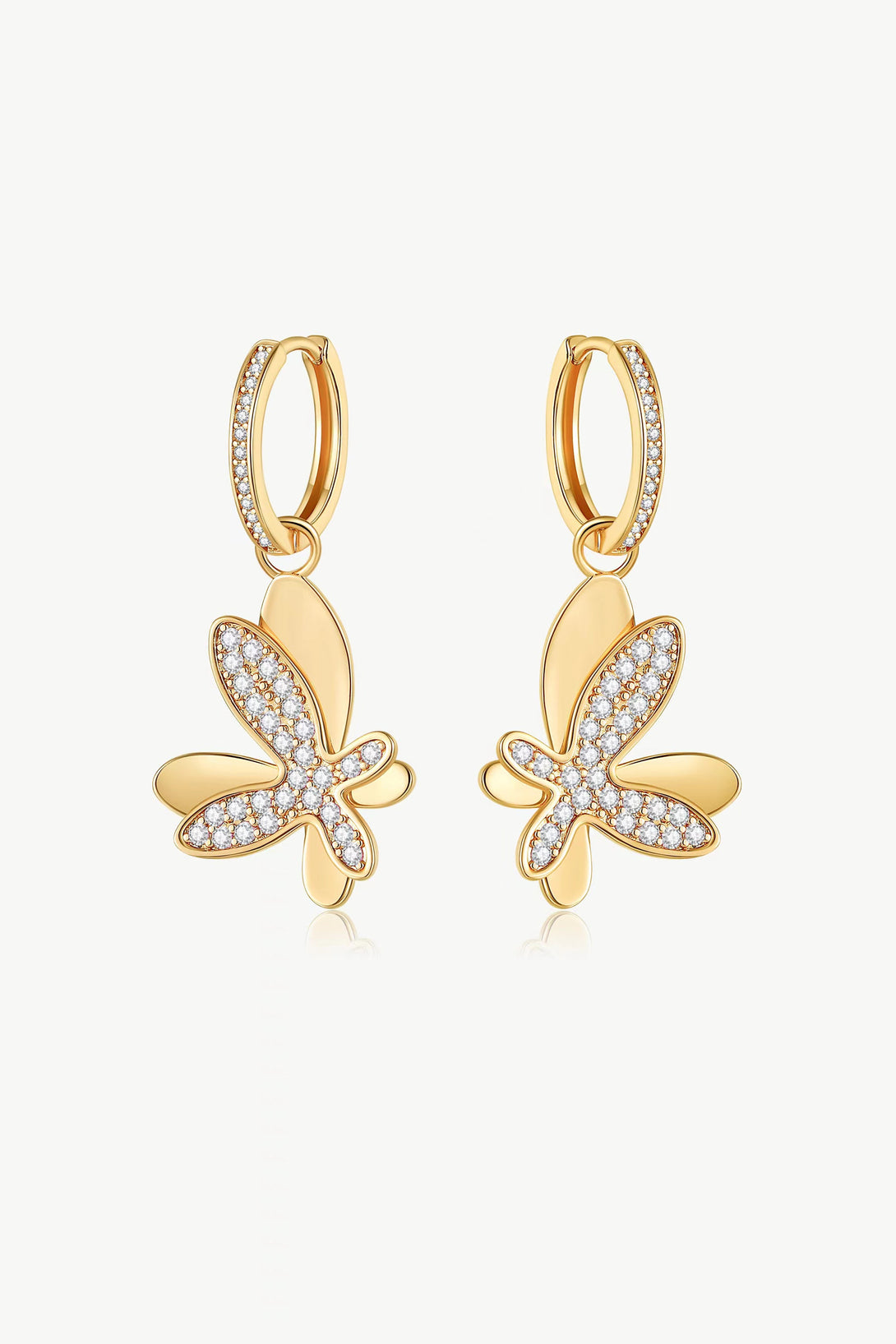 Gold Pavé Diamond Butterfly Dangle Drop Hoop Earrings - Classicharms