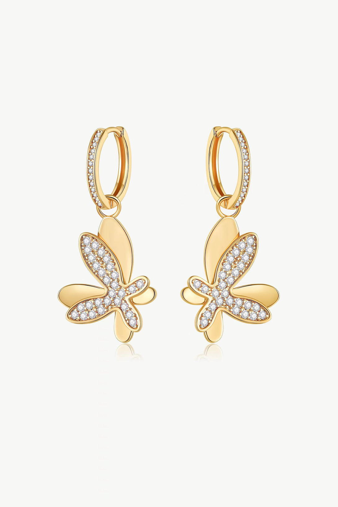 Gold Pavé Diamond Butterfly Dangle Drop Hoop Earrings - Classicharms