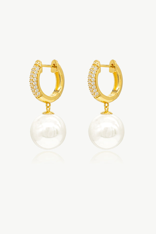 Gold Pavé Huggie Hoop Solitaire Pearl Drop Earrings - Classicharms