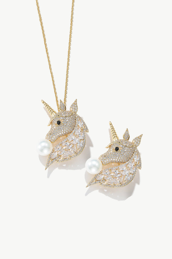 Gold Pavé Unicorn Brooch and Necklace Set - Classicharms