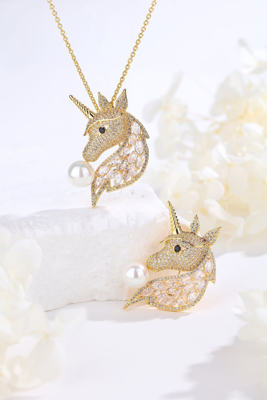 Gold Pavé Unicorn Brooch and Necklace Set - Classicharms