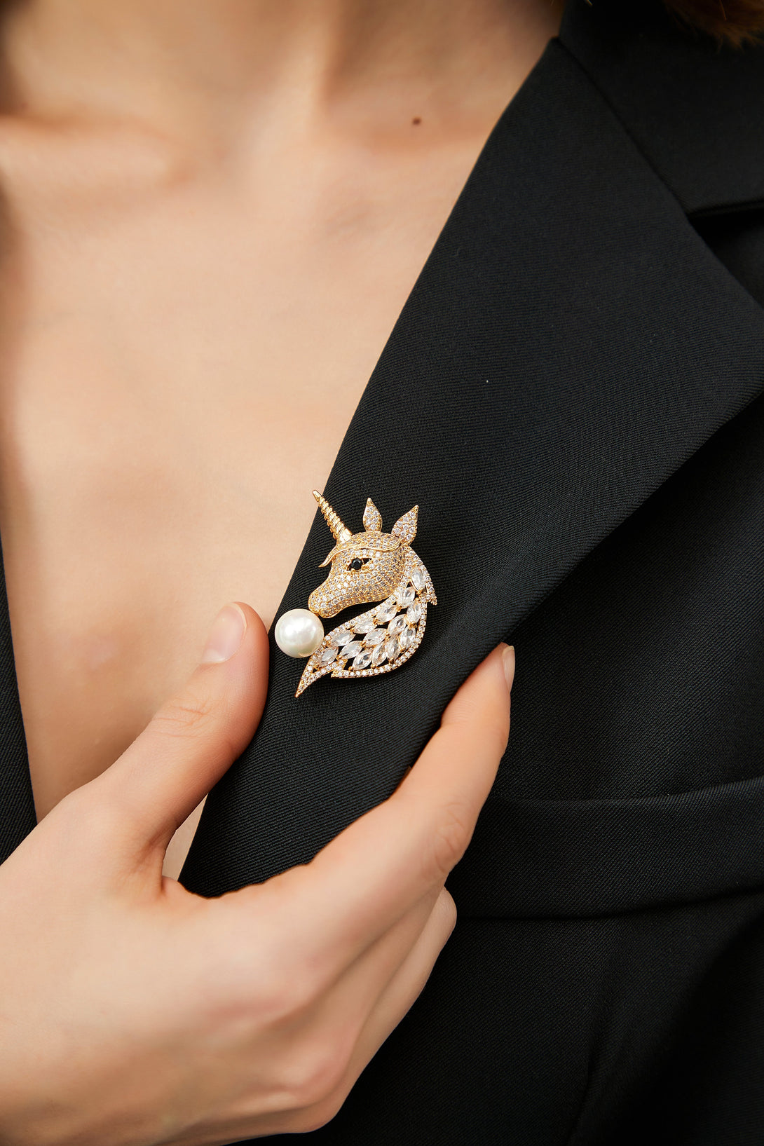 Gold Pavé Unicorn Brooch and Necklace Set - Classicharms