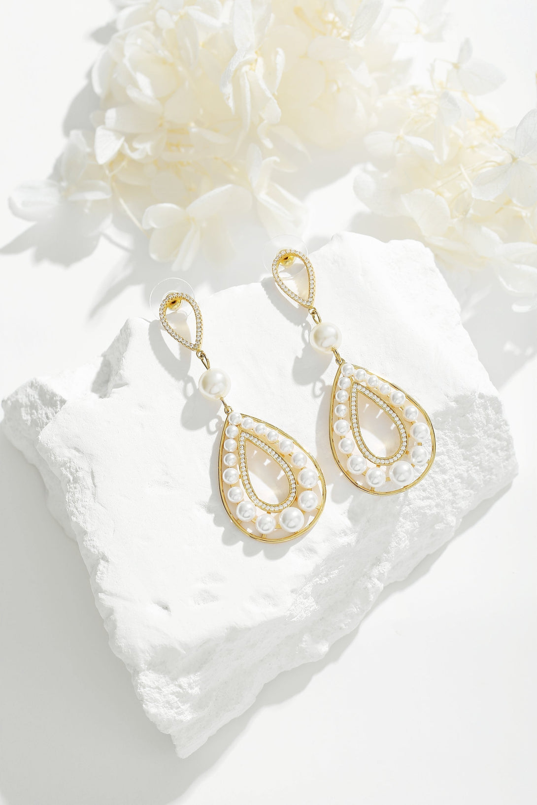 Gold Pearl Hollow Teardrop Dangle Earrings - Classicharms