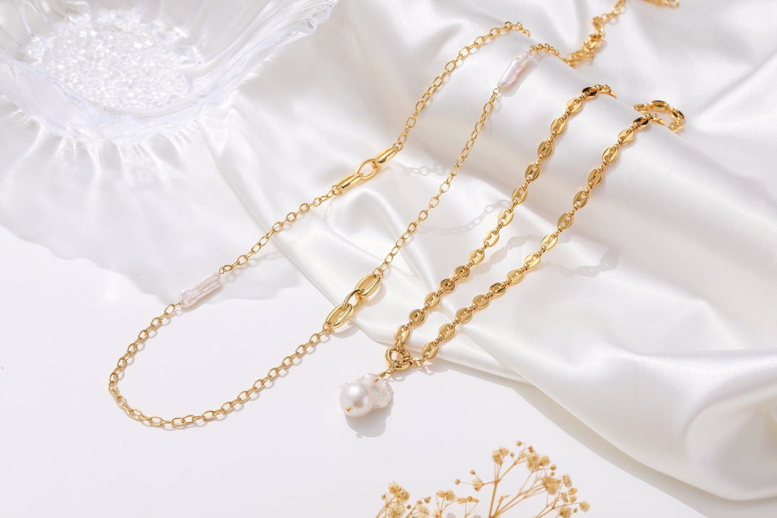 Gold Puffed Anchor Mariner Chain Baroque Pearl Necklace - Classicharms