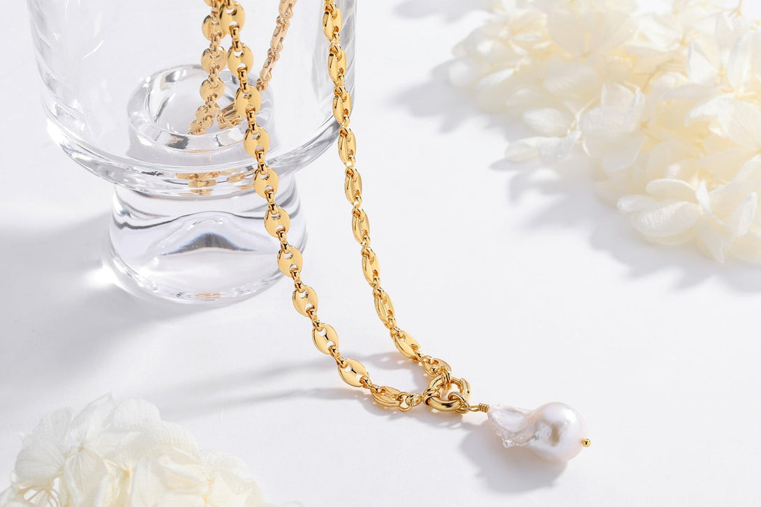 Gold Puffed Anchor Mariner Chain Baroque Pearl Necklace - Classicharms