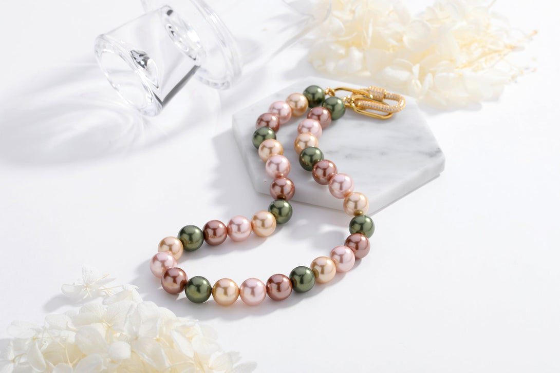 Gold Shell Pearl Necklace with Gem-Encrusted Carabiner Lock (Small) - Classicharms