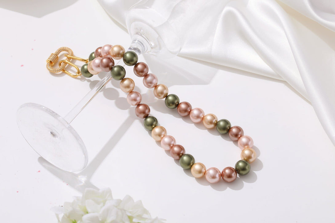 Gold Shell Pearl Necklace with Gem-Encrusted Carabiner Lock (Small) - Classicharms