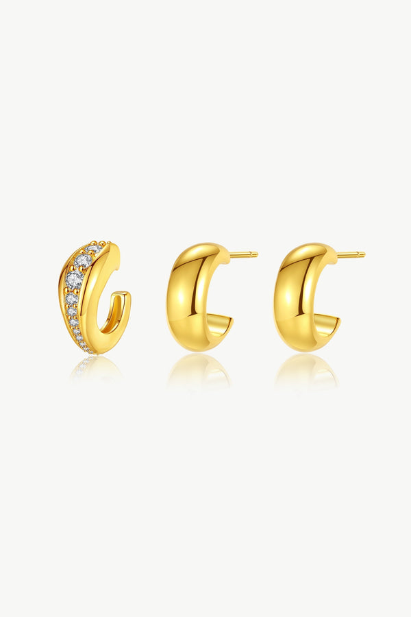 Gold Simple Huggie Hoop Earrings and Ear Cuff Set - Classicharms