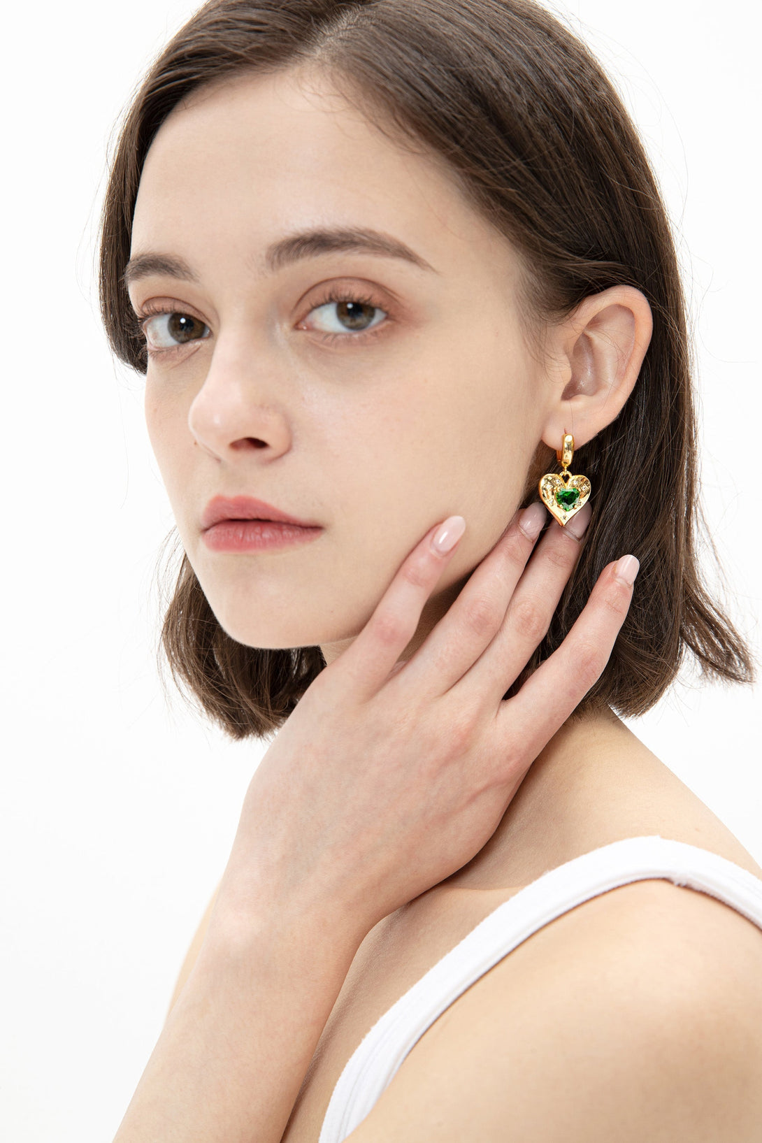 Gold Sparkle Emerald Heart Drop Mini Huggie Hoop Earrings - Classicharms