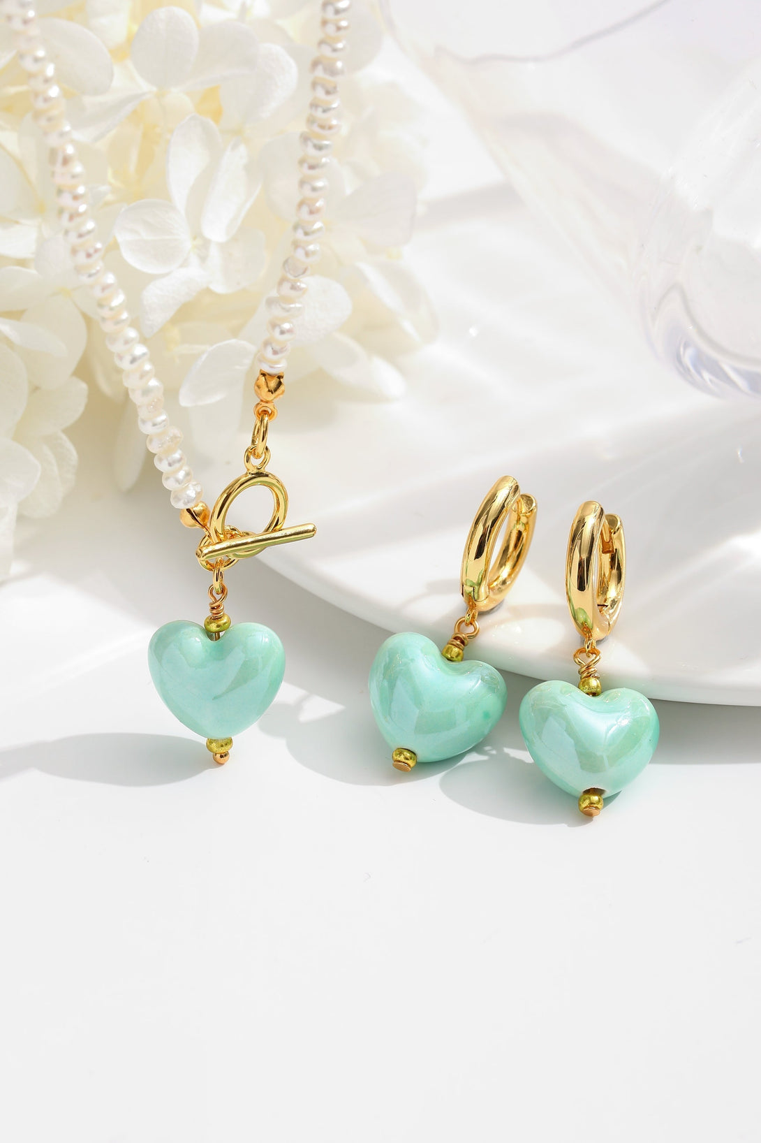 Green Ceramic Heart Pendant Pearl Necklace - Classicharms
