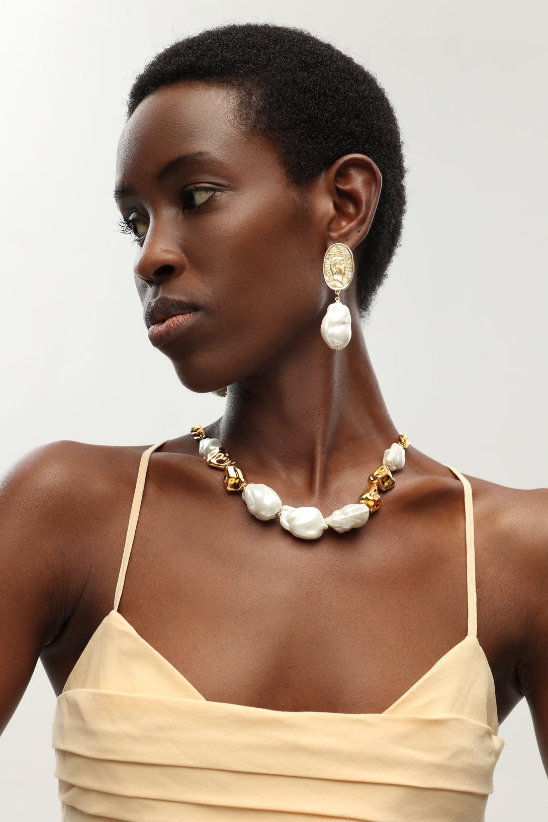 Matted Gold Sculpted Oversized Baroque Pearl Drop Earrings - Classicharms