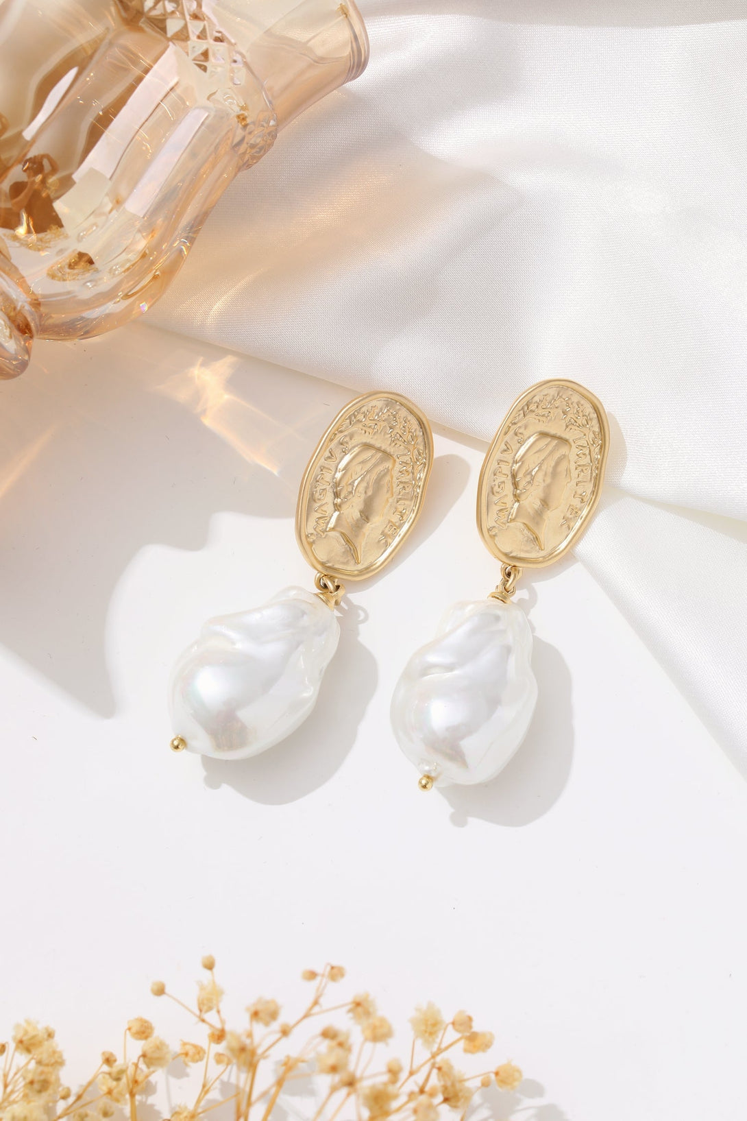 Matted Gold Sculpted Oversized Baroque Pearl Drop Earrings - Classicharms