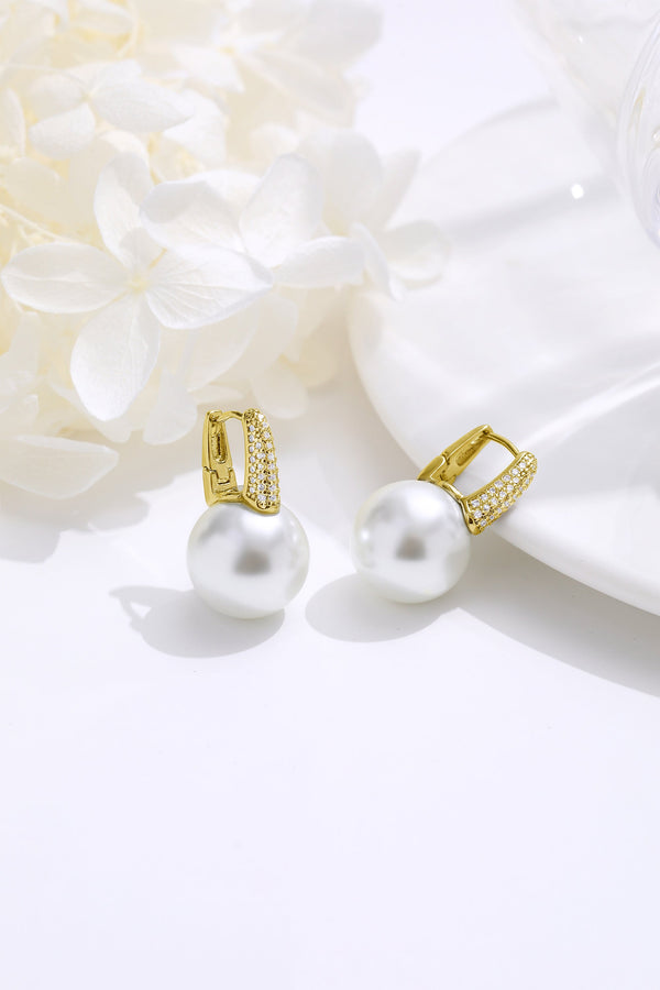 Pavé Diamonds Embellished Pearl Hoop Earrings-Gold - Classicharms