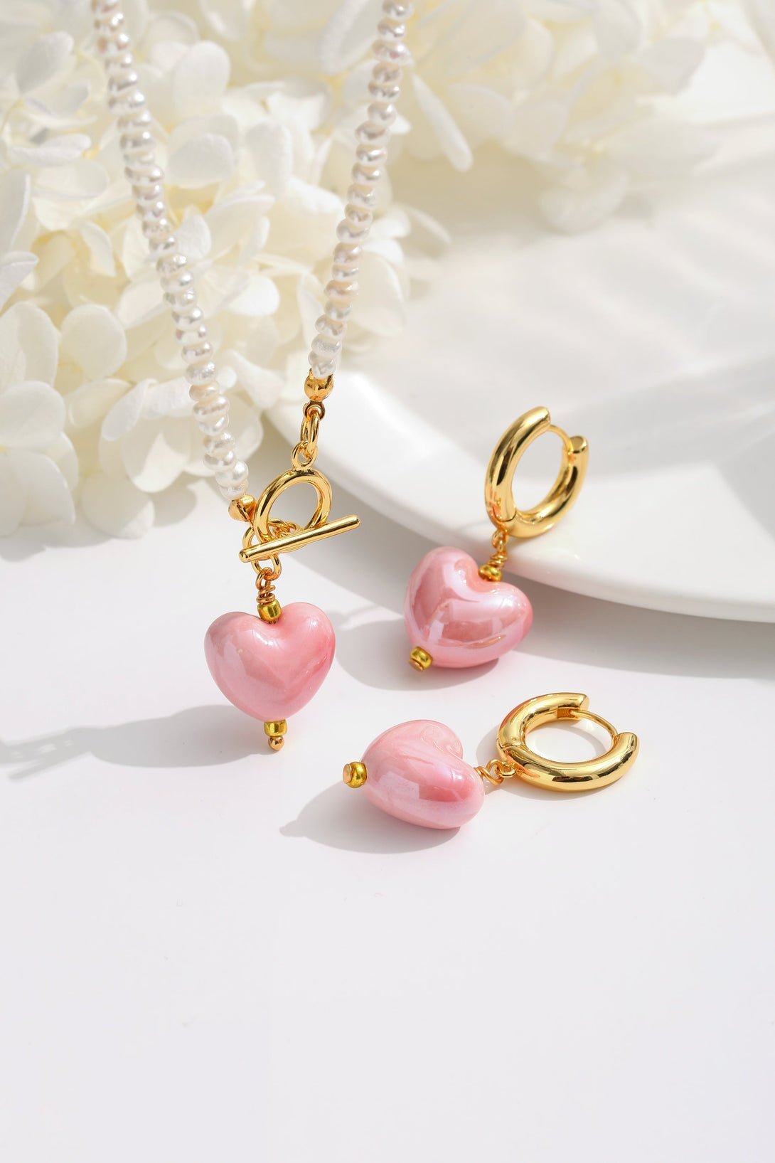 Pink Ceramic Heart Pendant Pearl Necklace - Classicharms