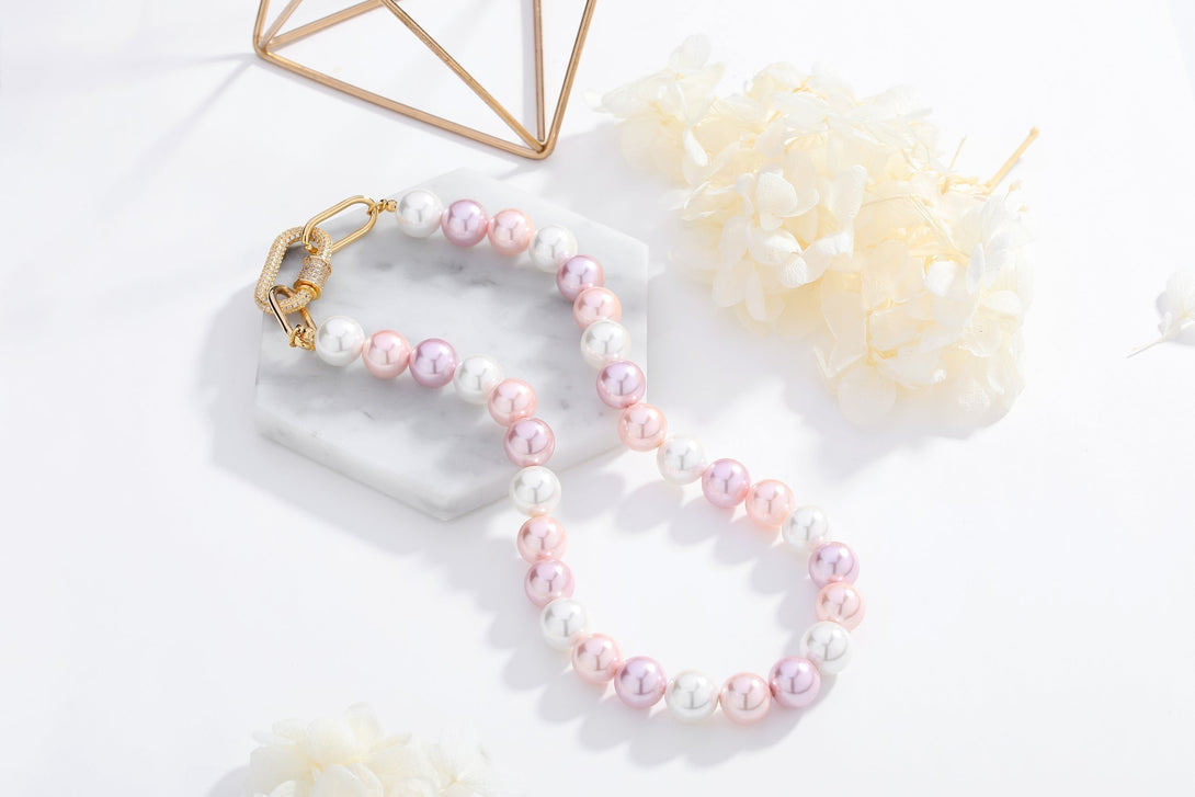 Pink Shell Pearl Necklace with Gem-Encrusted Carabiner Lock (Large) - Classicharms