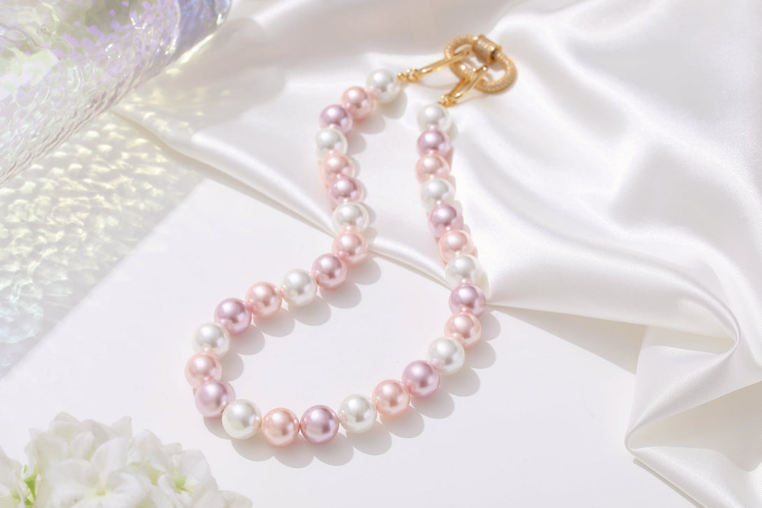 Pink Shell Pearl Necklace with Gem-Encrusted Carabiner Lock (Large) - Classicharms