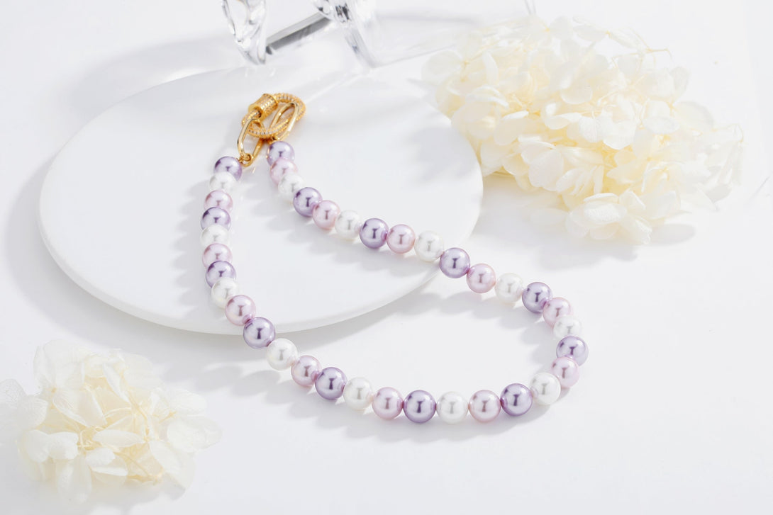 Purple Shell Pearl Necklace with Gem-Encrusted Carabiner Lock (Large) - Classicharms