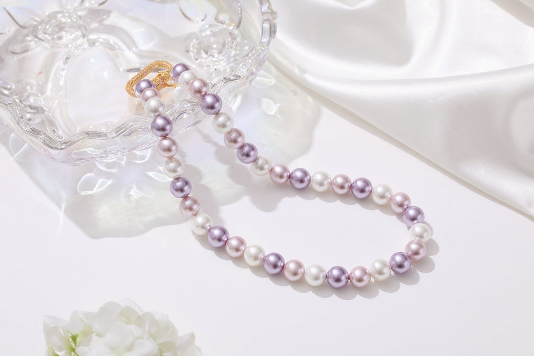 Purple Shell Pearl Necklace with Gem-Encrusted Carabiner Lock (Small) - Classicharms