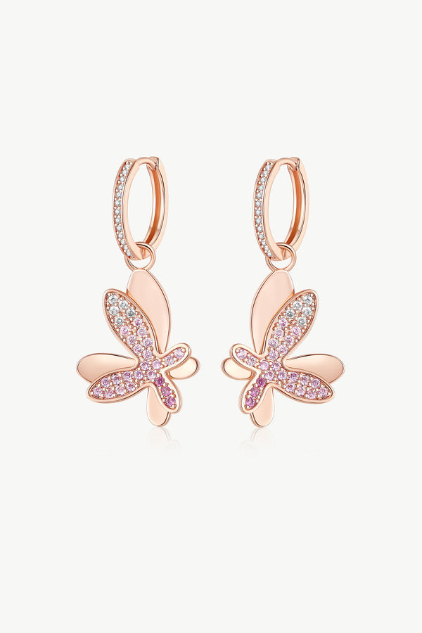 Rose Gold Gradient Pink Pavé Diamond Butterfly Dangle Drop Hoop Earrings - Classicharms