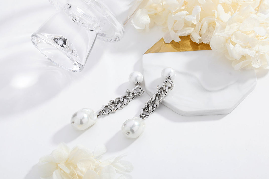 Silver Chain Baroque Pearl Drop Earrings - Classicharms