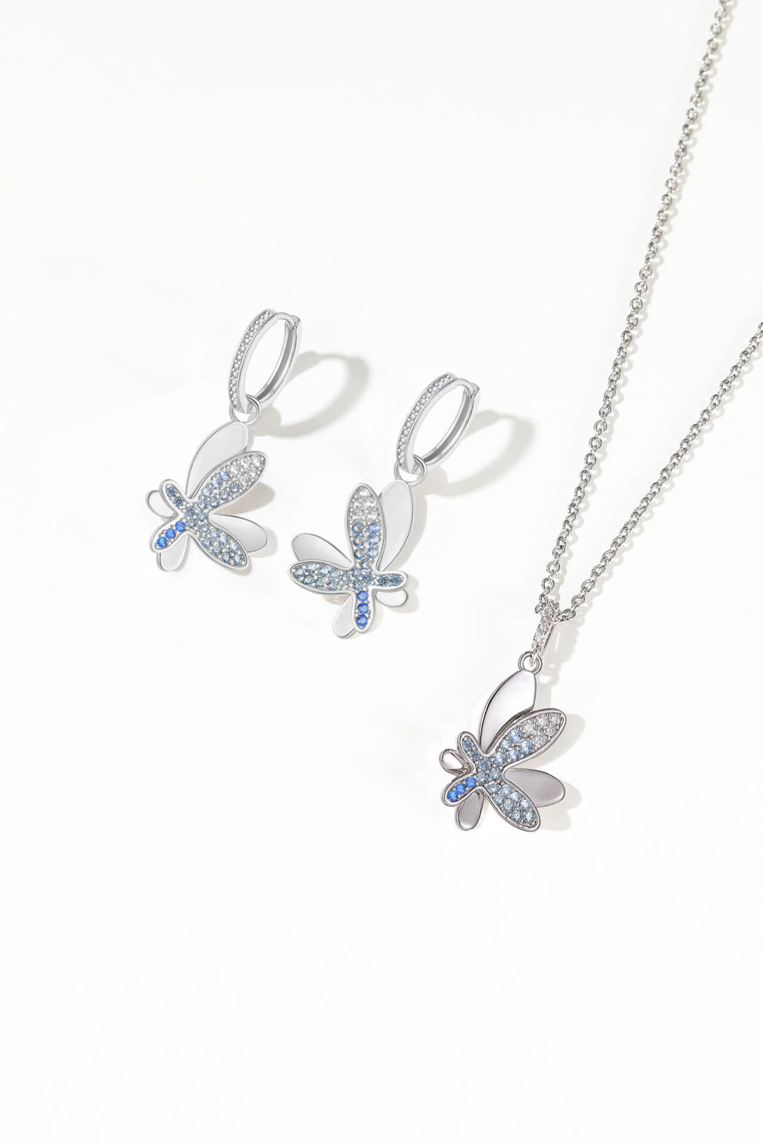 Silver Gradient Blue Pavé Diamond Butterfly Dangle Drop Hoop Earrings - Classicharms