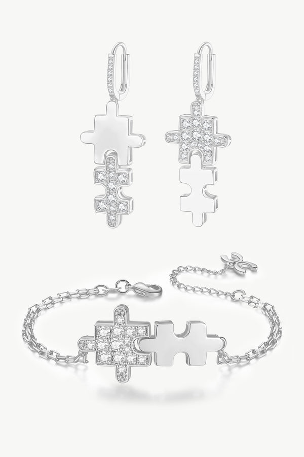 Silver Jigsaw Puzzle Drop Earrings and Bracelet Set - Classicharms