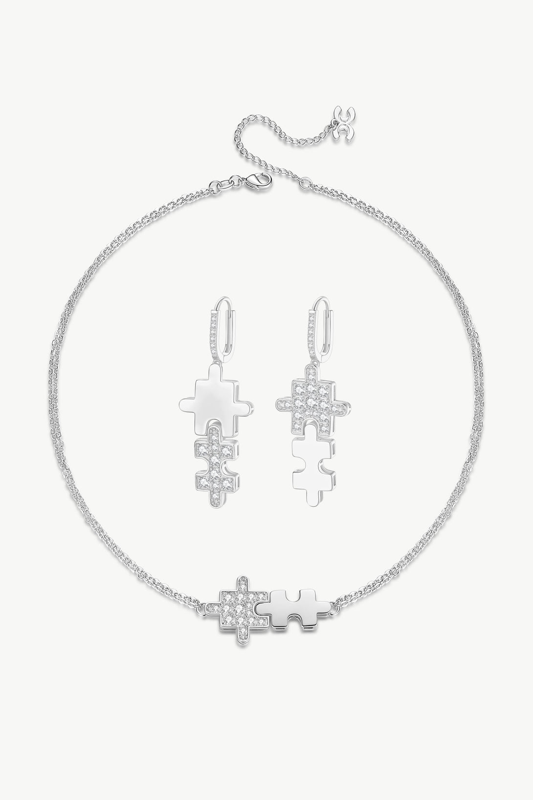 Silver Jigsaw Puzzle Necklace and Earrings Set - Classicharms
