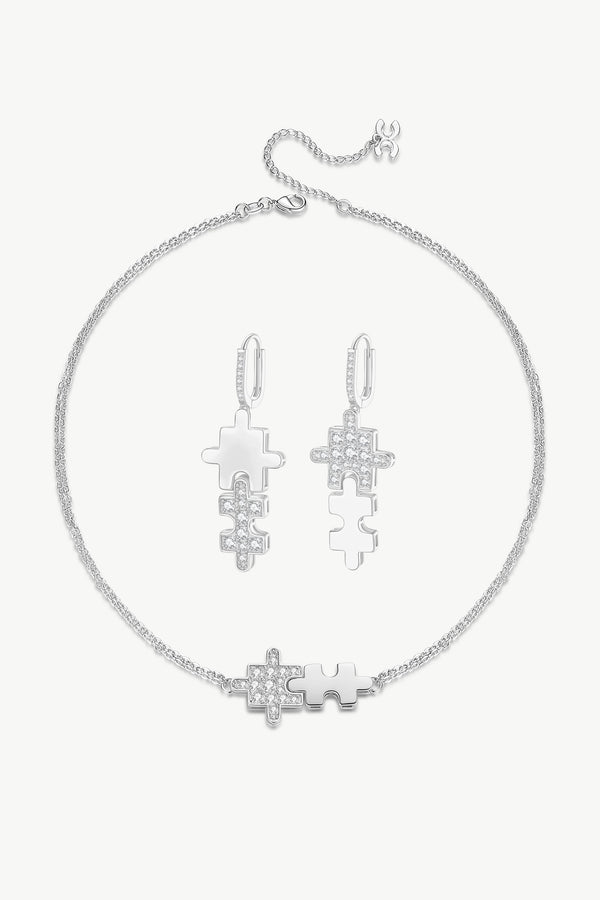 Silver Jigsaw Puzzle Necklace and Earrings Set - Classicharms