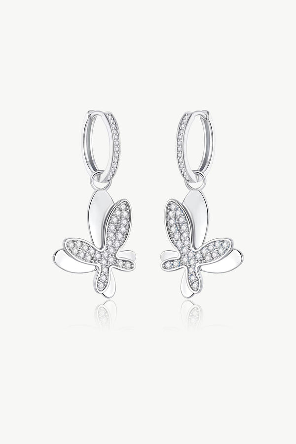 Silver Pavé Diamond Butterfly Dangle Drop Hoop Earrings - Classicharms