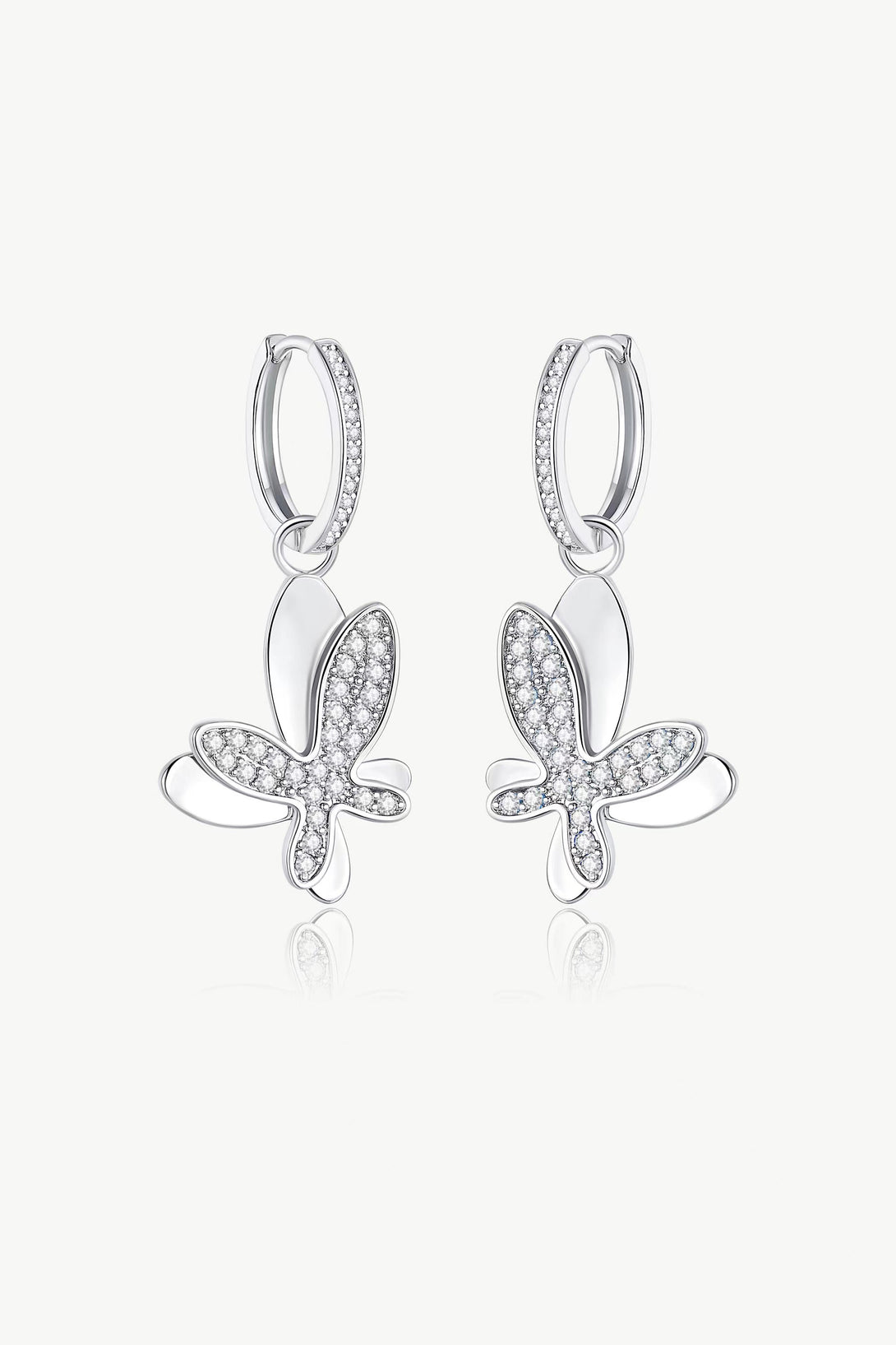 Silver Pavé Diamond Butterfly Dangle Drop Hoop Earrings - Classicharms