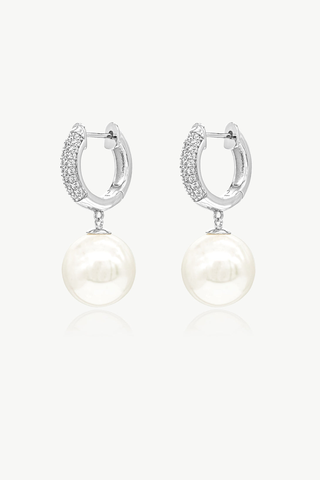 Silver Pavé Huggie Hoop Solitaire Pearl Drop Earrings - Classicharms