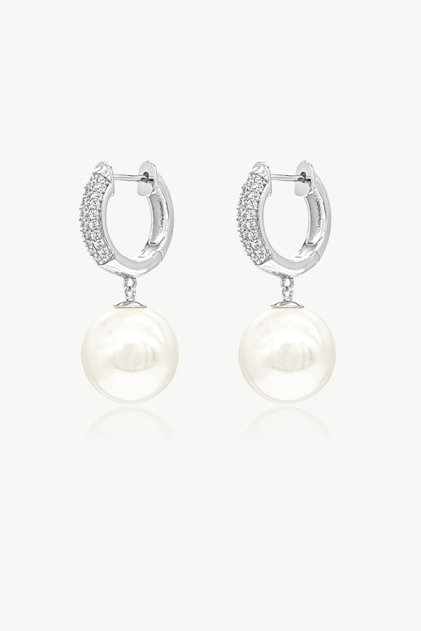 Silver Pavé Huggie Hoop Solitaire Pearl Drop Earrings - Classicharms