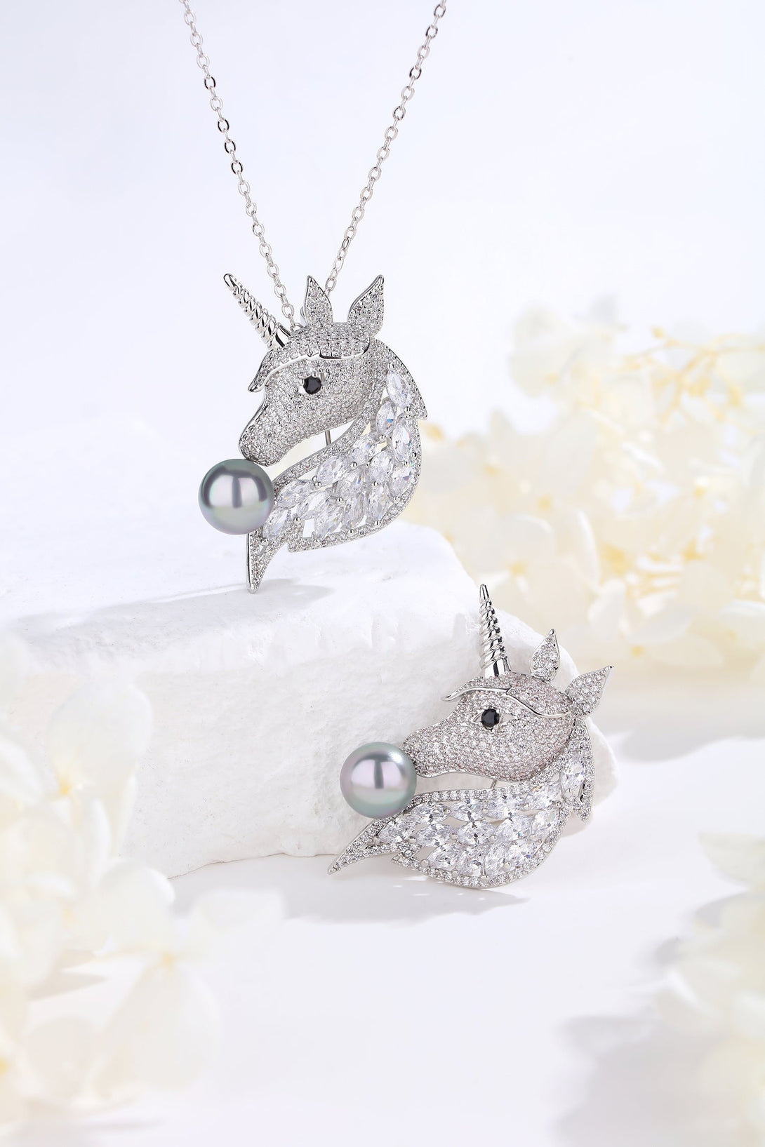 Silver Pavé Unicorn Brooch and Necklace Set - Classicharms