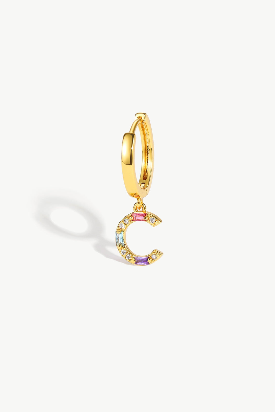 Single Gold Pavé Initial Charm Drop Huggie Hoop Earring - Classicharms