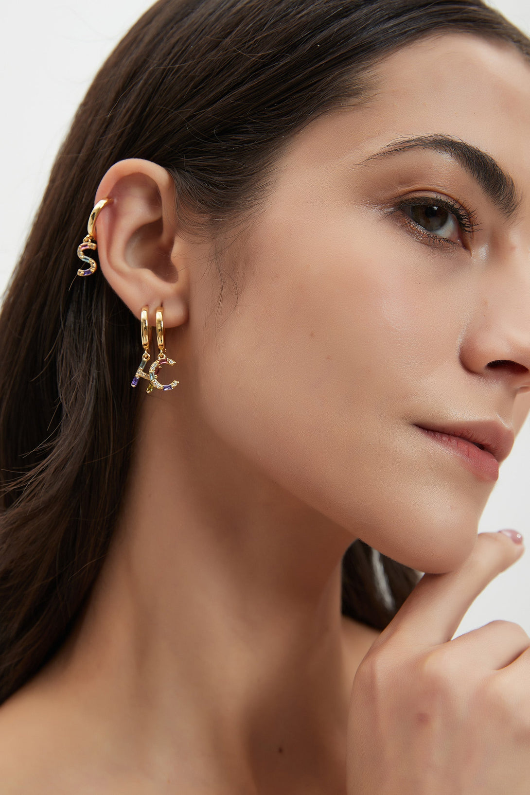Single Gold Pavé Initial Charm Drop Huggie Hoop Earring - Classicharms