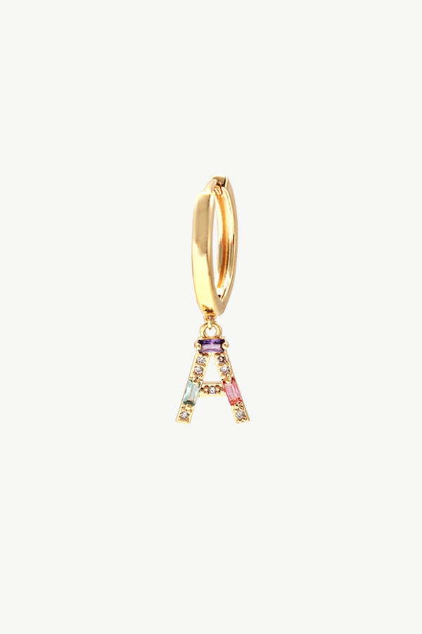 Single Gold Pavé Initial Charm Drop Huggie Hoop Earring-Letter A - Classicharms