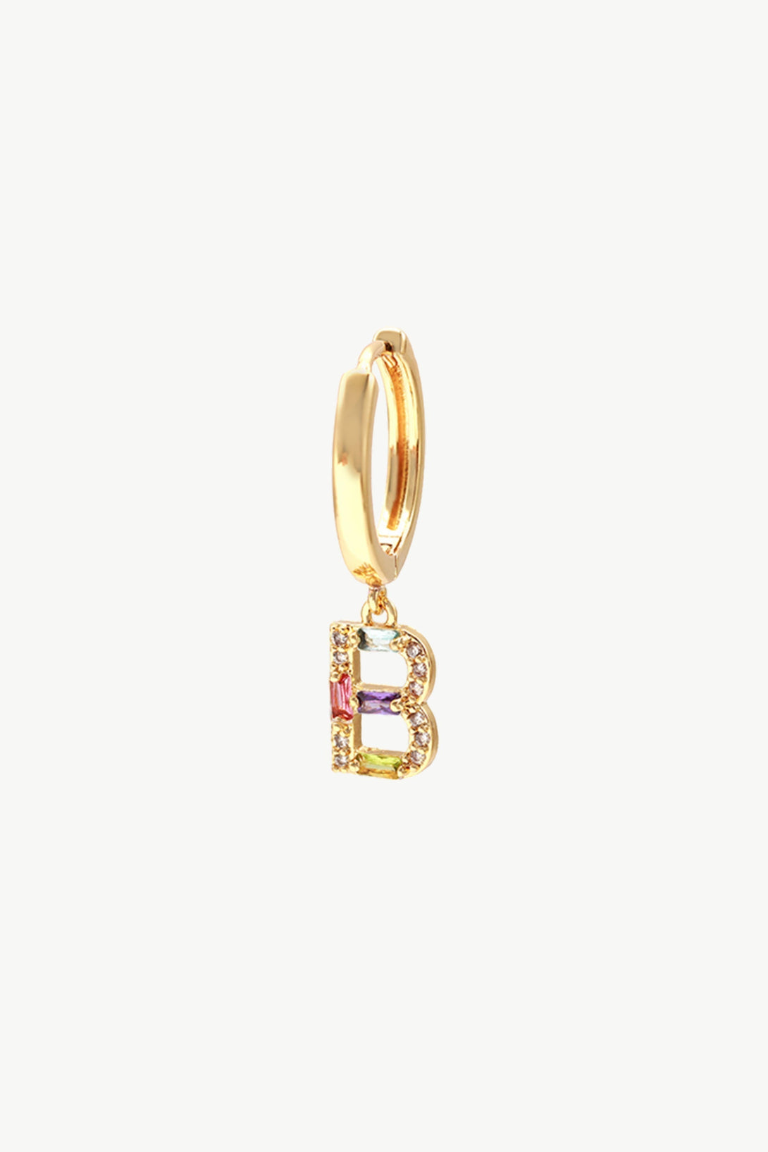 Single Gold Pavé Initial Charm Drop Huggie Hoop Earring-Letter B - Classicharms