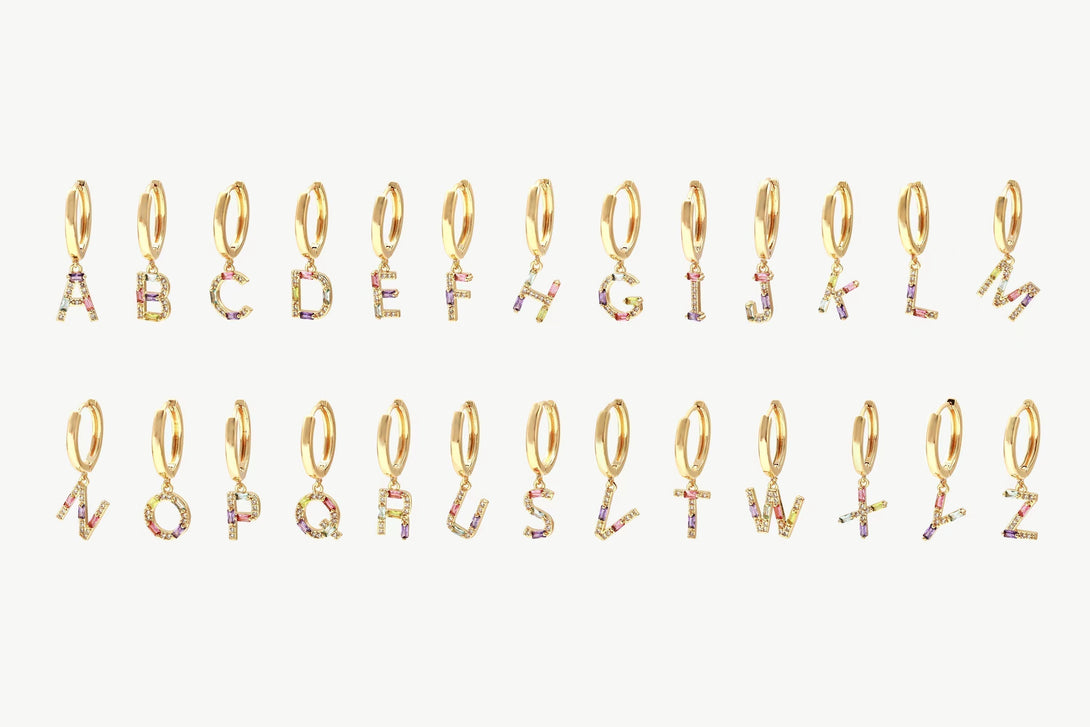 Single Gold Pavé Initial Charm Drop Huggie Hoop Earring-Letter D - Classicharms