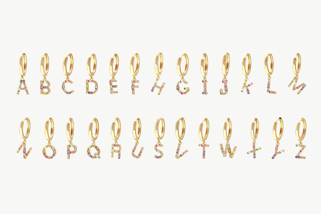 Single Gold Pavé Initial Charm Drop Huggie Hoop Earring-Letter E - Classicharms