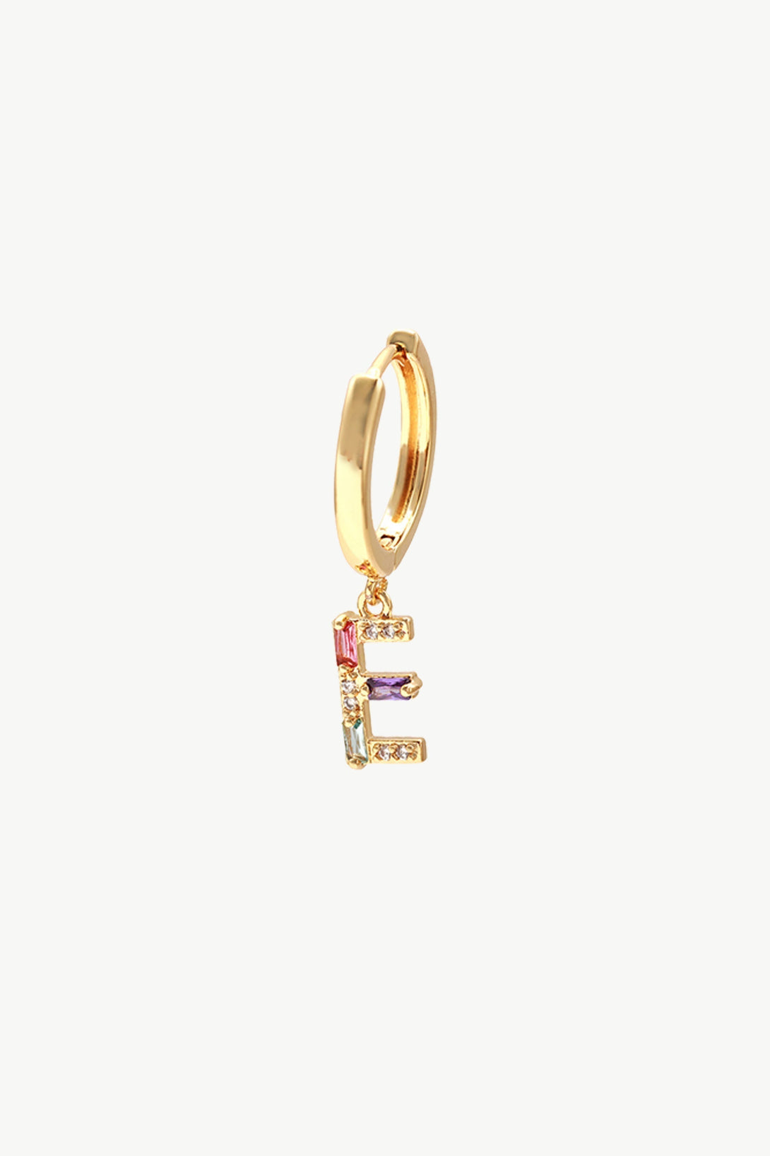 Single Gold Pavé Initial Charm Drop Huggie Hoop Earring-Letter E - Classicharms