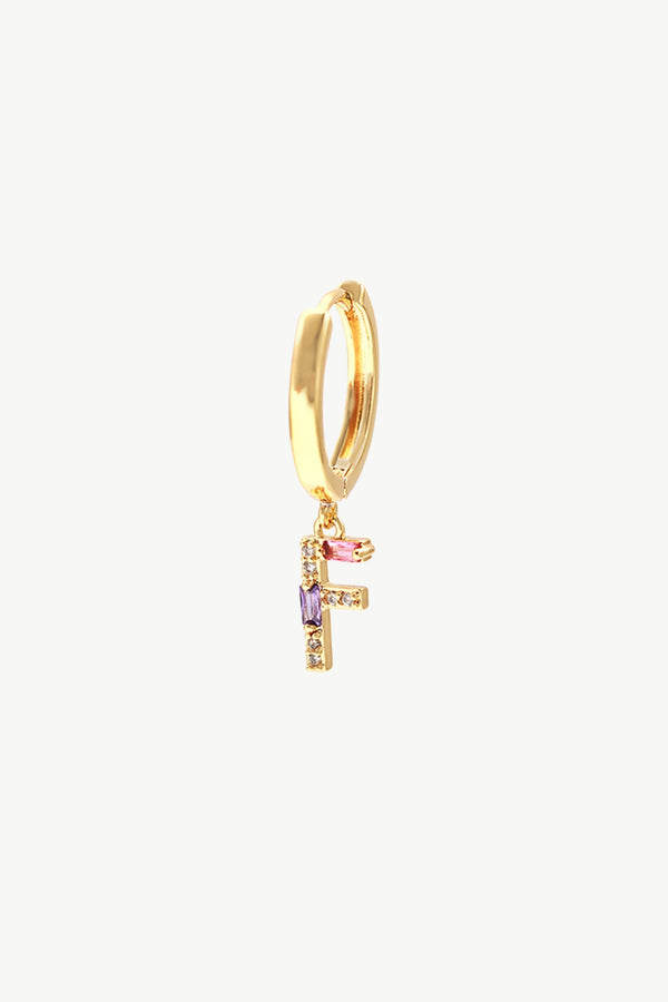 Single Gold Pavé Initial Charm Drop Huggie Hoop Earring-Letter F - Classicharms