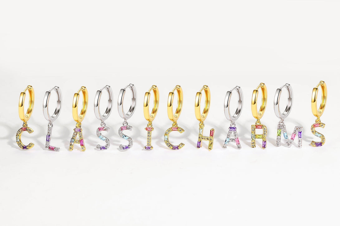 Single Gold Pavé Initial Charm Drop Huggie Hoop Earring-Letter J - Classicharms