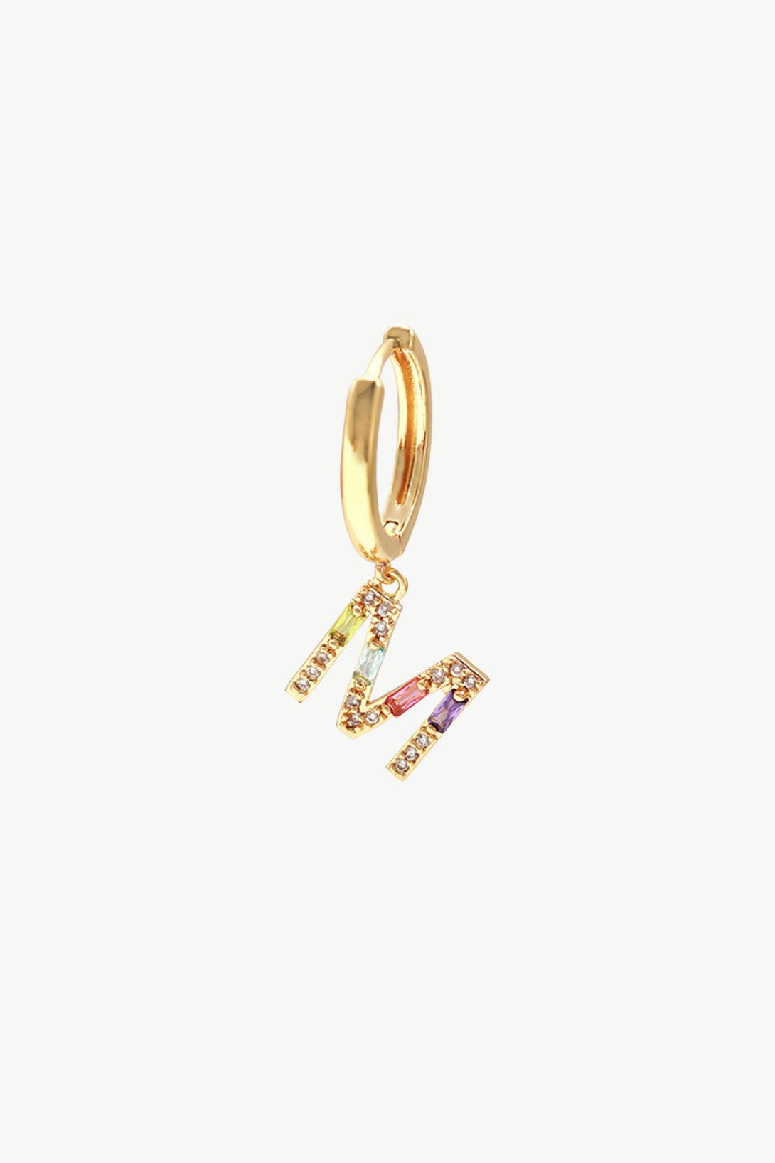 Single Gold Pavé Initial Charm Drop Huggie Hoop Earring-Letter M - Classicharms