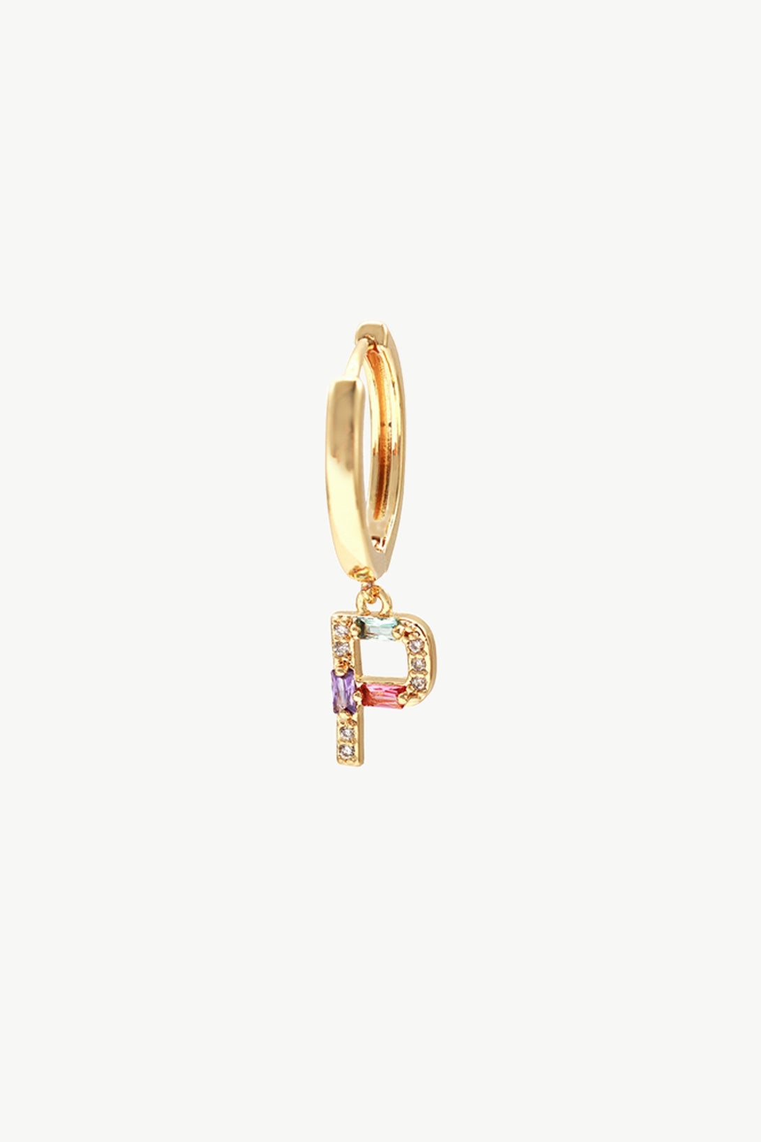 Single Gold Pavé Initial Charm Drop Huggie Hoop Earring-Letter P - Classicharms