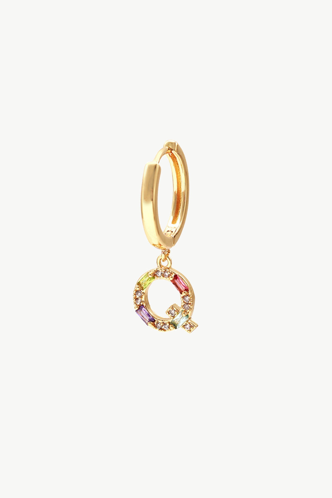 Single Gold Pavé Initial Charm Drop Huggie Hoop Earring-Letter Q - Classicharms