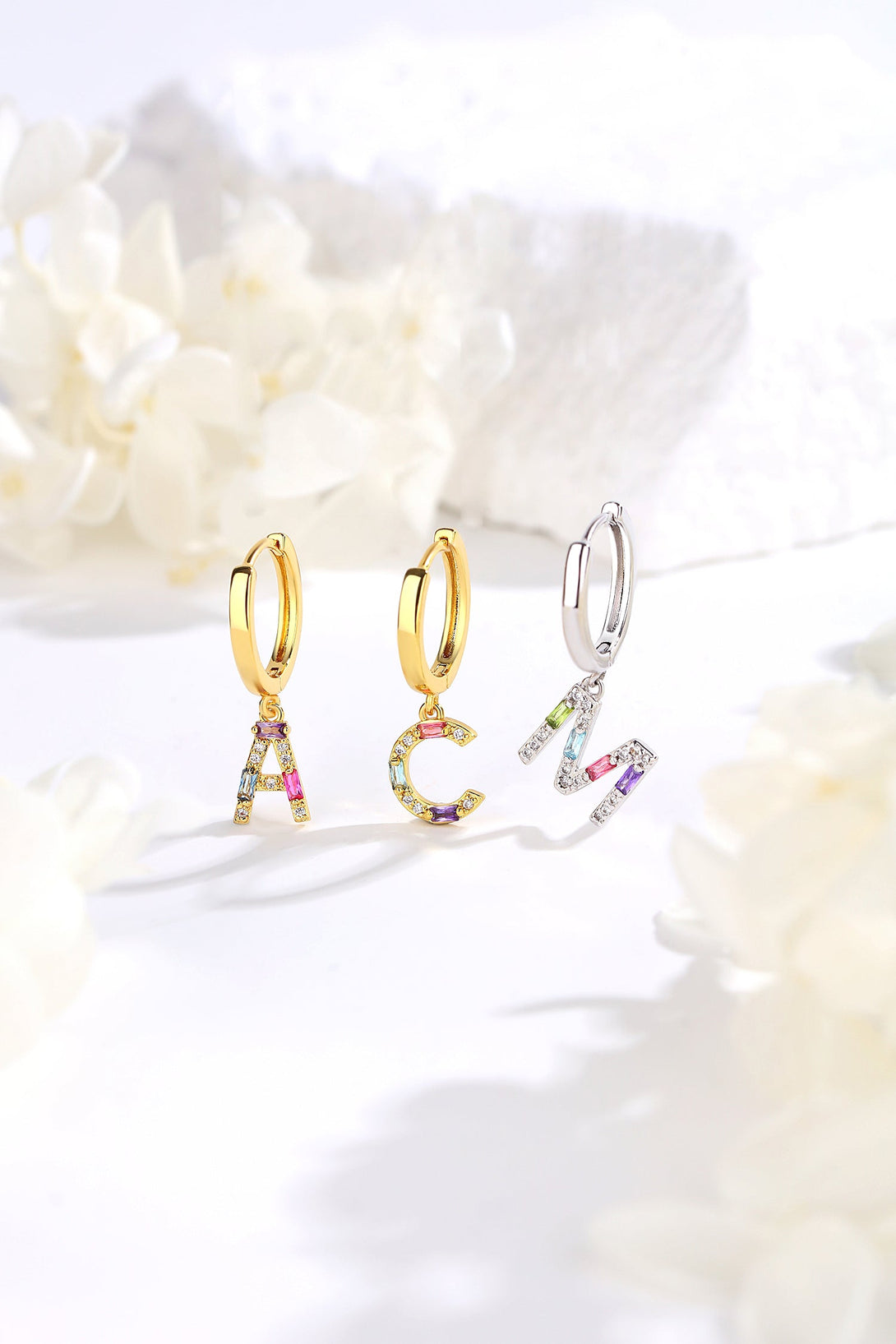 Single Gold Pavé Initial Charm Drop Huggie Hoop Earring-Letter R - Classicharms