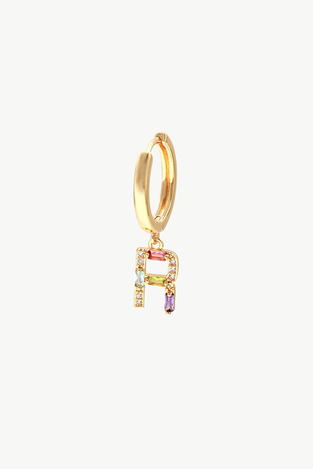 Single Gold Pavé Initial Charm Drop Huggie Hoop Earring-Letter R - Classicharms