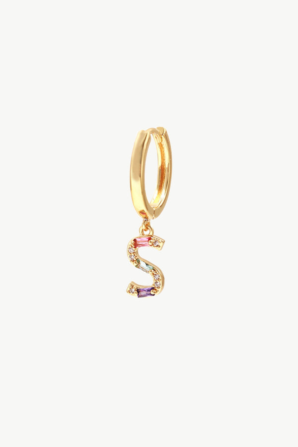 Single Gold Pavé Initial Charm Drop Huggie Hoop Earring-Letter S - Classicharms