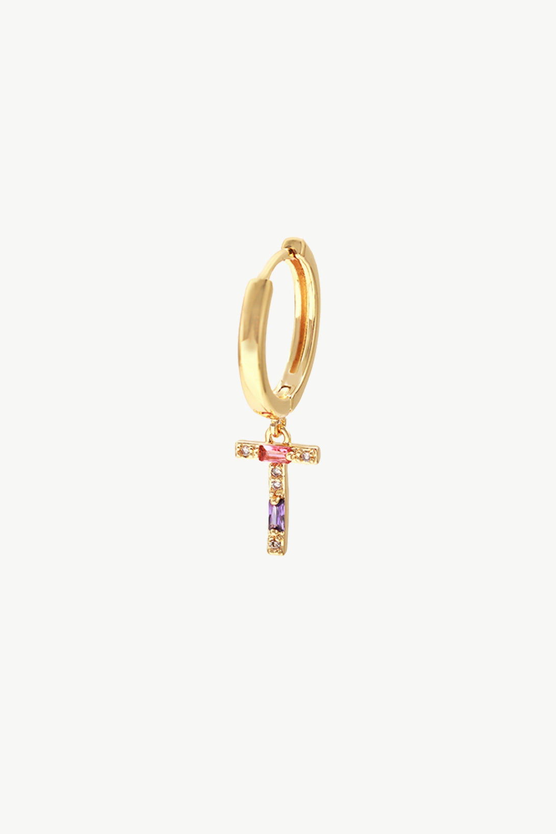 Single Gold Pavé Initial Charm Drop Huggie Hoop Earring-Letter T - Classicharms